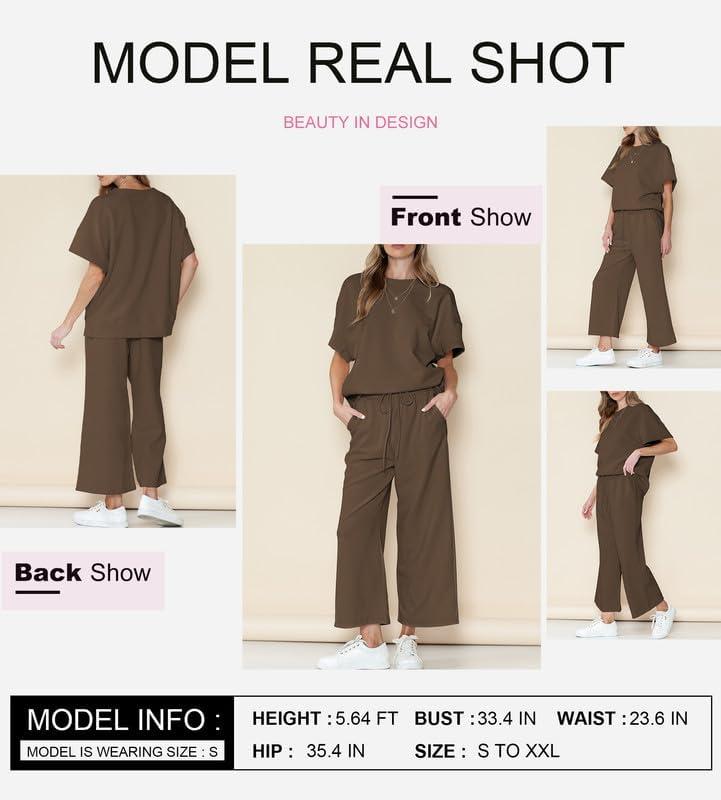 imageSHEWIN Womens 2 Piece Outfits Sweatsuit Casual Short Sleeve Pullover Tops and Drawstring Wide Leg Pants Lounge SetsBrown