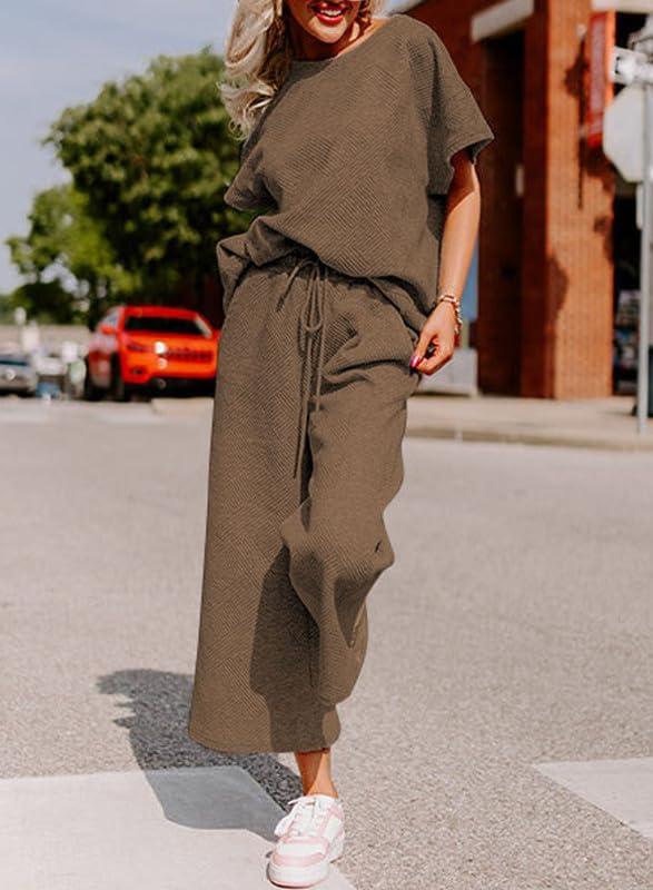 imageSHEWIN Womens 2 Piece Outfits Sweatsuit Casual Short Sleeve Pullover Tops and Drawstring Wide Leg Pants Lounge SetsBrown