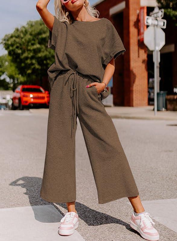 imageSHEWIN Womens 2 Piece Outfits Sweatsuit Casual Short Sleeve Pullover Tops and Drawstring Wide Leg Pants Lounge SetsBrown