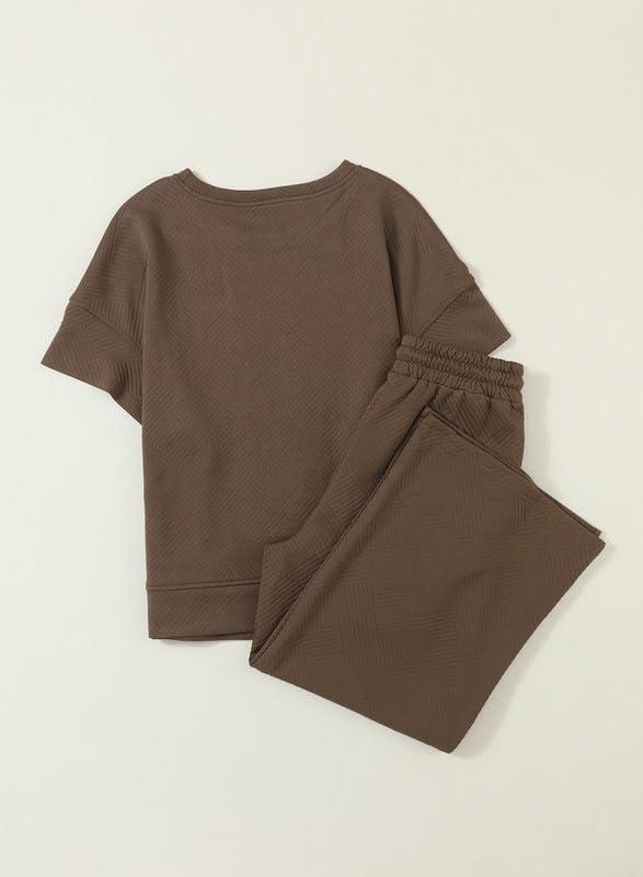 imageSHEWIN Womens 2 Piece Outfits Sweatsuit Casual Short Sleeve Pullover Tops and Drawstring Wide Leg Pants Lounge SetsBrown
