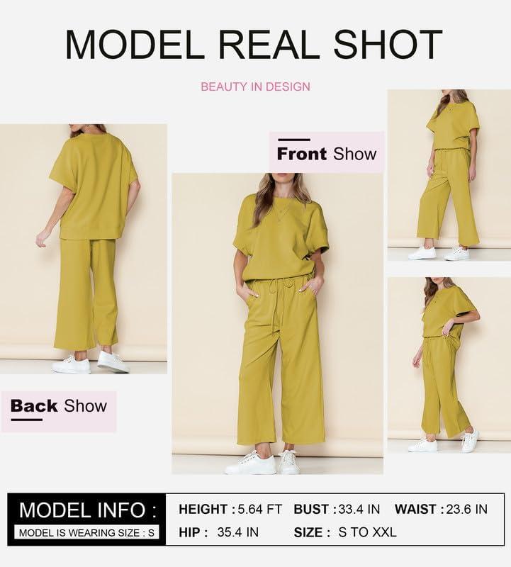 imageSHEWIN Womens 2 Piece Outfits Sweatsuit Casual Short Sleeve Pullover Tops and Drawstring Wide Leg Pants Lounge SetsYellow