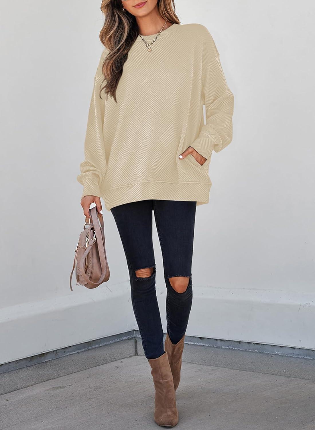 imageSHEWIN Womens Fall Fashion 2025 Long Sleeve Shirts Crewneck Loose Textured Tunic Tops Solid Pullover Sweatshirt With PocketsApricot