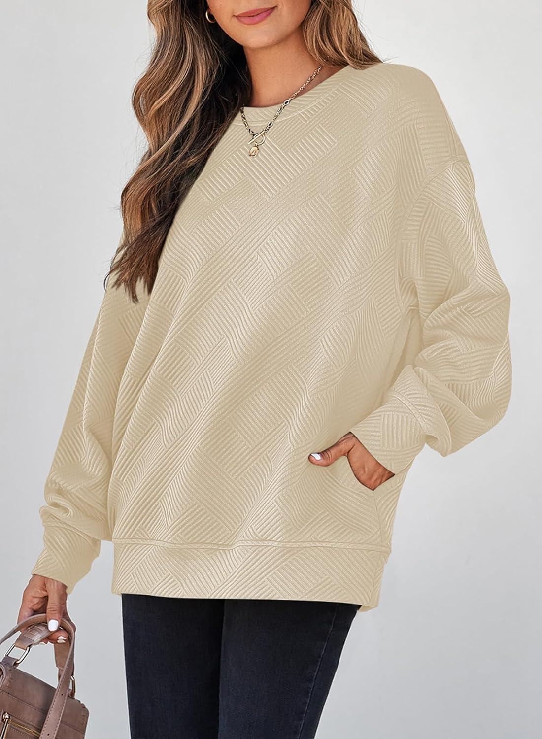 imageSHEWIN Womens Fall Fashion 2025 Long Sleeve Shirts Crewneck Loose Textured Tunic Tops Solid Pullover Sweatshirt With PocketsApricot