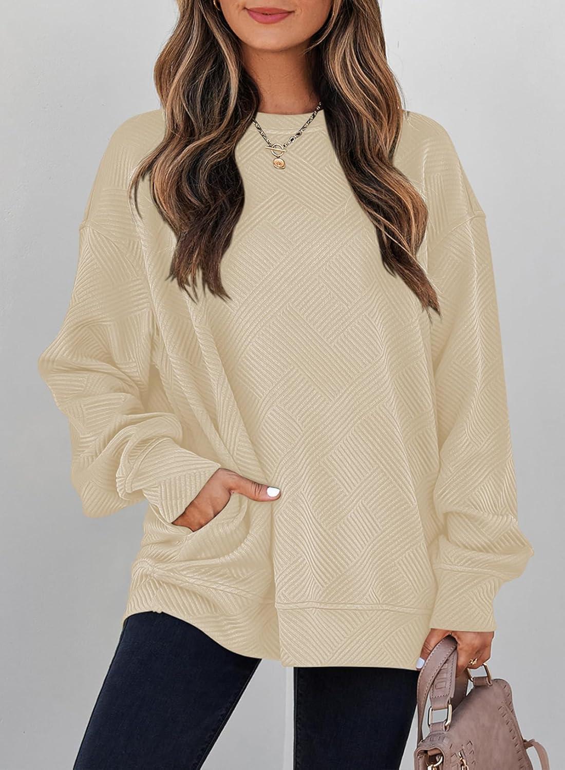 imageSHEWIN Womens Fall Fashion 2025 Long Sleeve Shirts Crewneck Loose Textured Tunic Tops Solid Pullover Sweatshirt With PocketsApricot