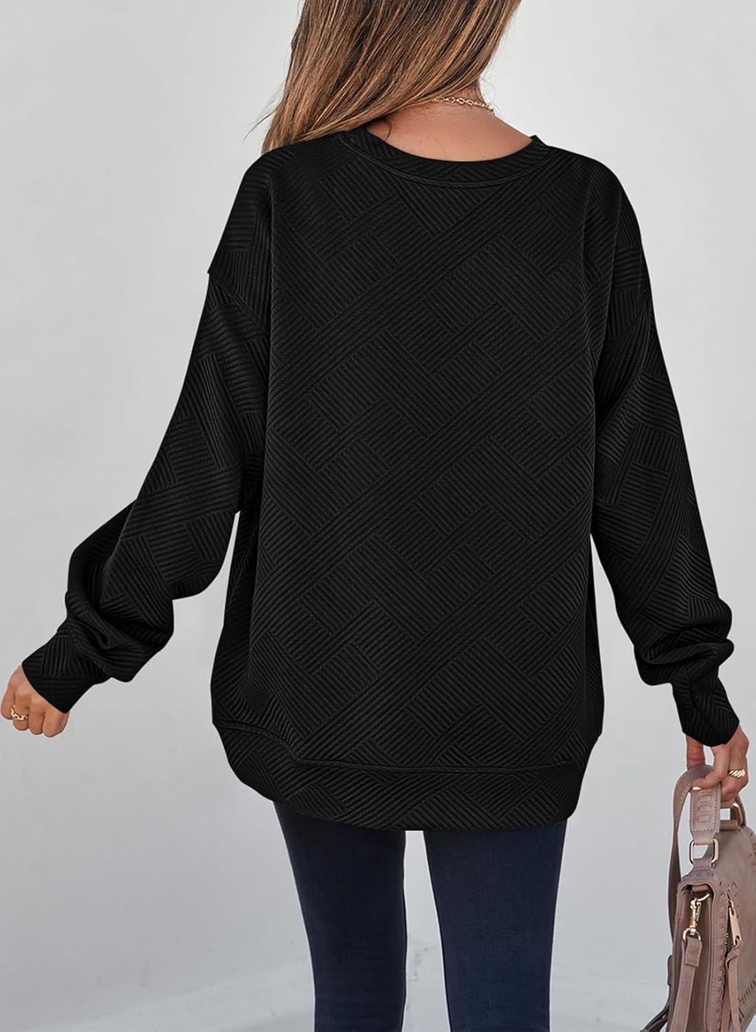 imageSHEWIN Womens Fall Fashion 2025 Long Sleeve Shirts Crewneck Loose Textured Tunic Tops Solid Pullover Sweatshirt With PocketsBlack