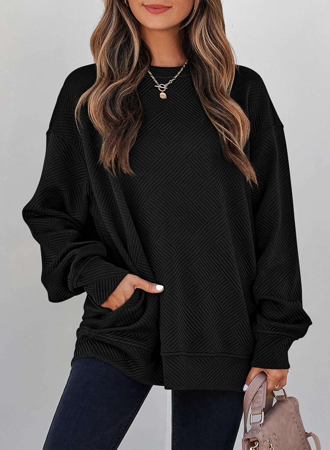 imageSHEWIN Womens Fall Fashion 2025 Long Sleeve Shirts Crewneck Loose Textured Tunic Tops Solid Pullover Sweatshirt With PocketsBlack