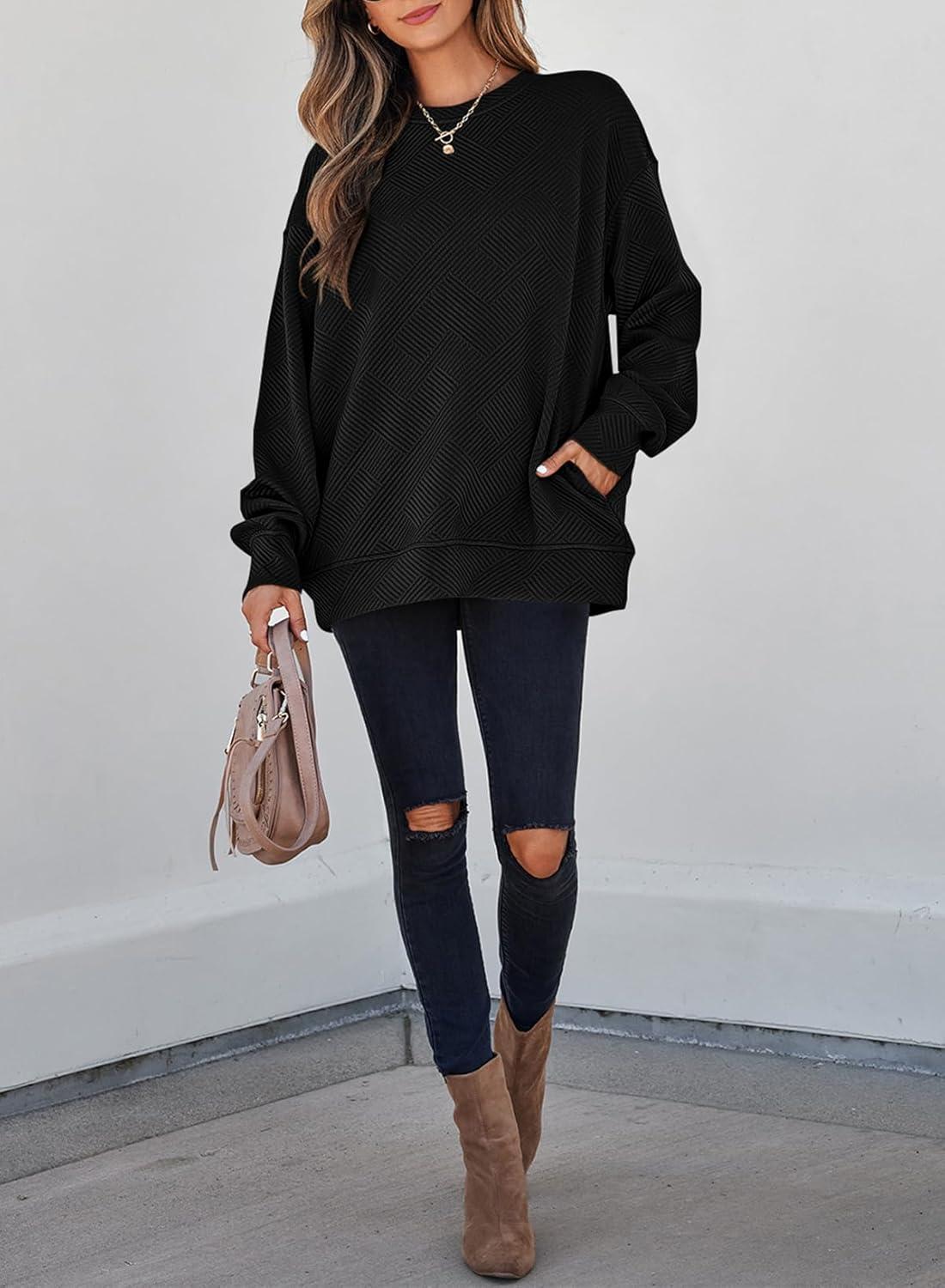 imageSHEWIN Womens Fall Fashion 2025 Long Sleeve Shirts Crewneck Loose Textured Tunic Tops Solid Pullover Sweatshirt With PocketsBlack