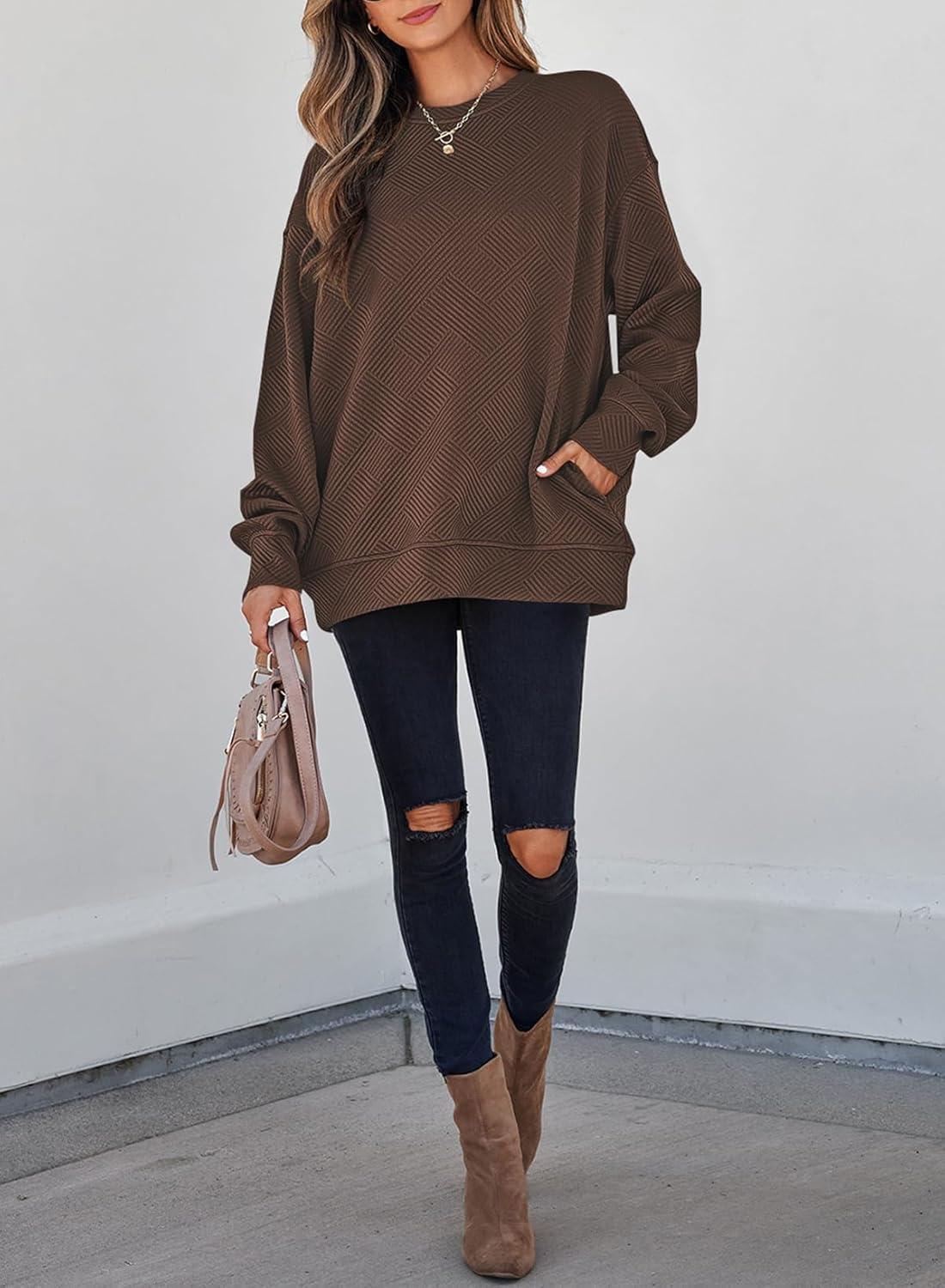 imageSHEWIN Womens Fall Fashion 2025 Long Sleeve Shirts Crewneck Loose Textured Tunic Tops Solid Pullover Sweatshirt With PocketsCoffee