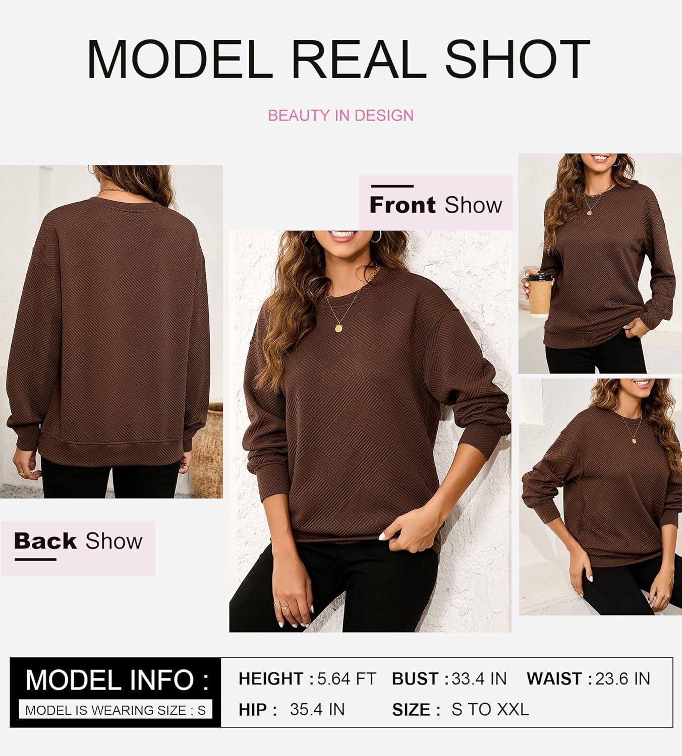 imageSHEWIN Womens Fall Fashion 2025 Long Sleeve Shirts Crewneck Loose Textured Tunic Tops Solid Pullover Sweatshirt With PocketsCoffee