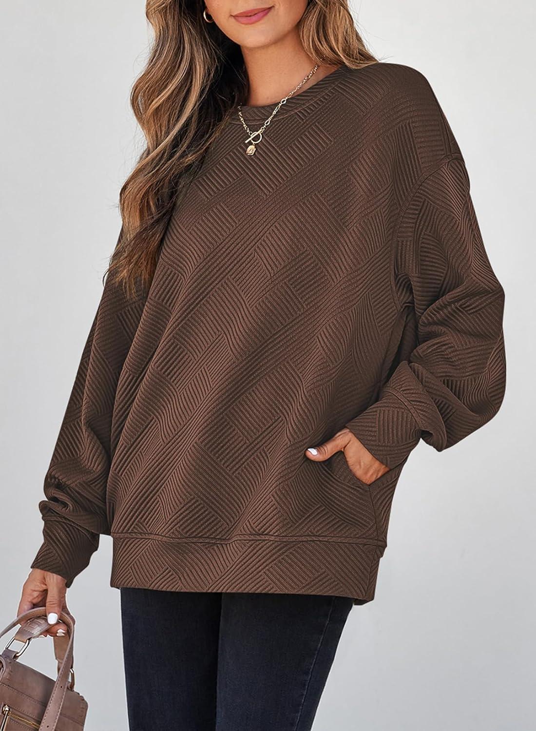 imageSHEWIN Womens Fall Fashion 2025 Long Sleeve Shirts Crewneck Loose Textured Tunic Tops Solid Pullover Sweatshirt With PocketsCoffee