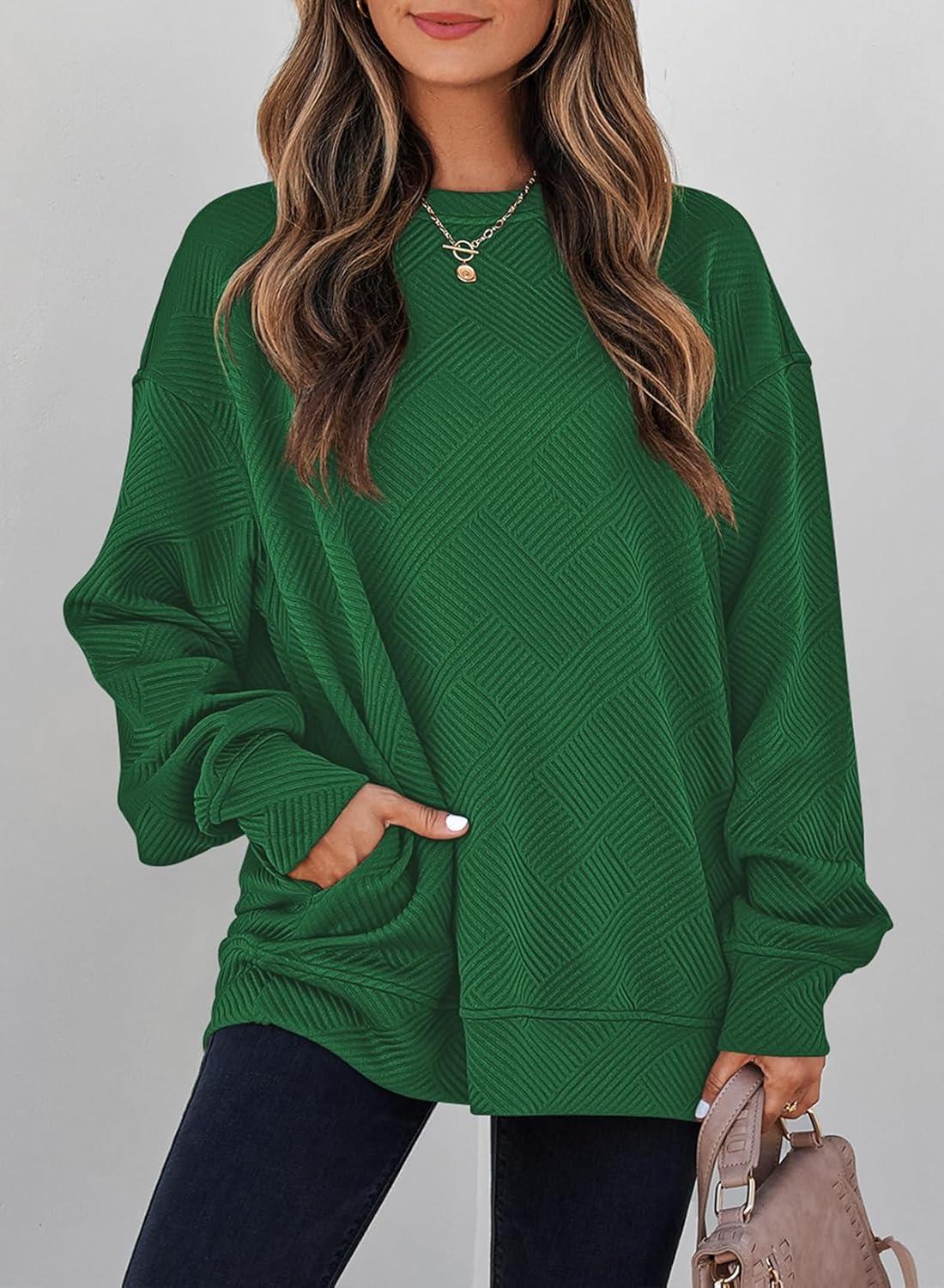 imageSHEWIN Womens Fall Fashion 2025 Long Sleeve Shirts Crewneck Loose Textured Tunic Tops Solid Pullover Sweatshirt With PocketsDark Green