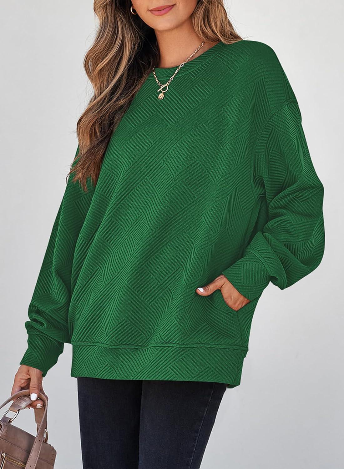 imageSHEWIN Womens Fall Fashion 2025 Long Sleeve Shirts Crewneck Loose Textured Tunic Tops Solid Pullover Sweatshirt With PocketsDark Green