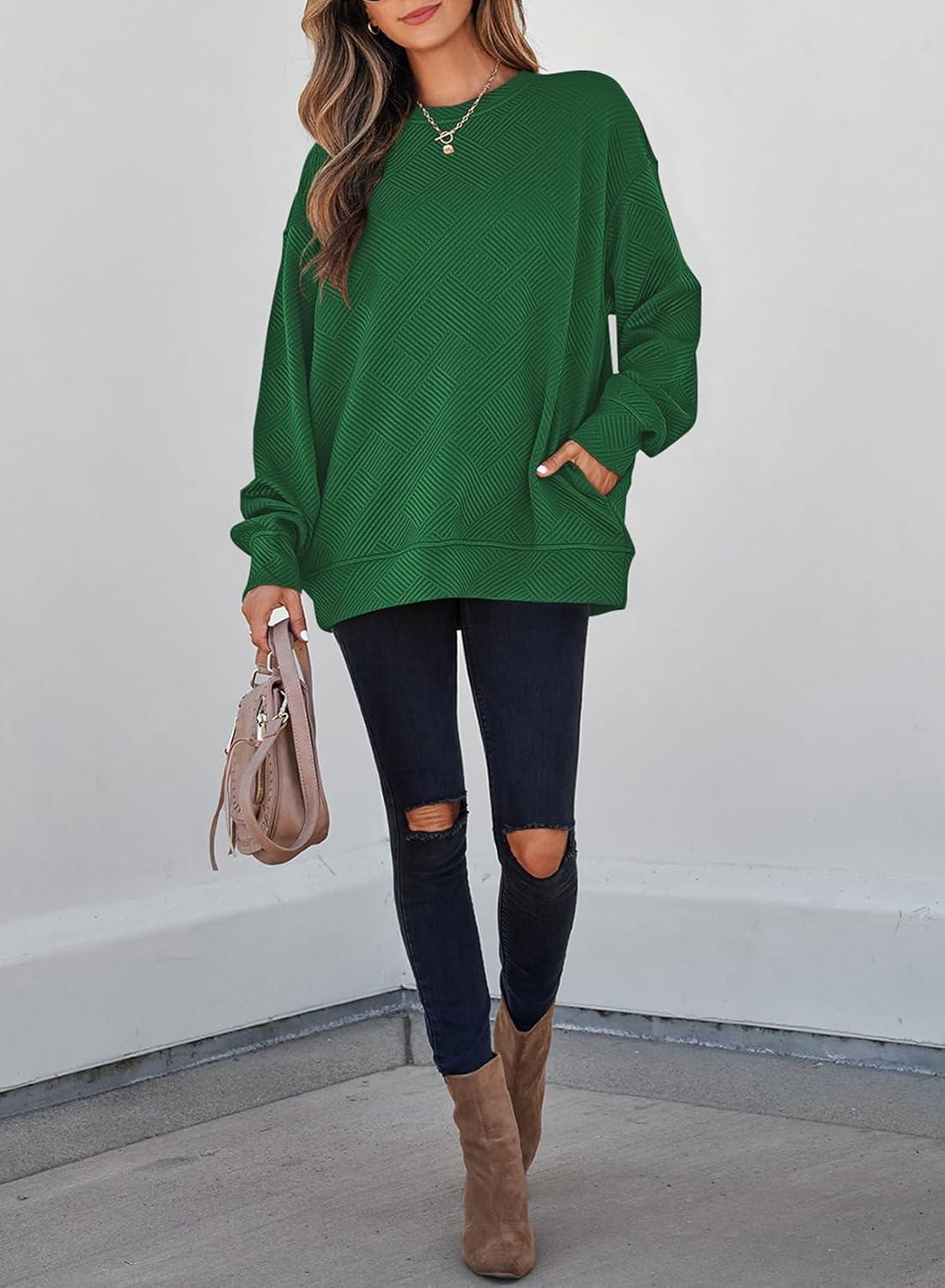 imageSHEWIN Womens Fall Fashion 2025 Long Sleeve Shirts Crewneck Loose Textured Tunic Tops Solid Pullover Sweatshirt With PocketsDark Green