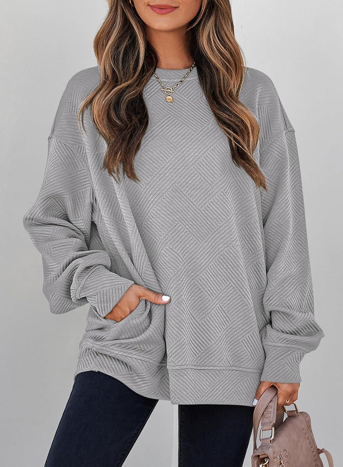 imageSHEWIN Womens Fall Fashion 2025 Long Sleeve Shirts Crewneck Loose Textured Tunic Tops Solid Pullover Sweatshirt With PocketsGray