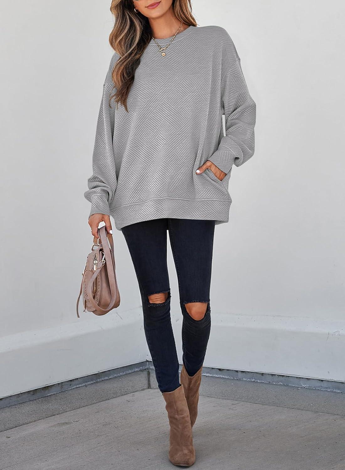 imageSHEWIN Womens Fall Fashion 2025 Long Sleeve Shirts Crewneck Loose Textured Tunic Tops Solid Pullover Sweatshirt With PocketsGray