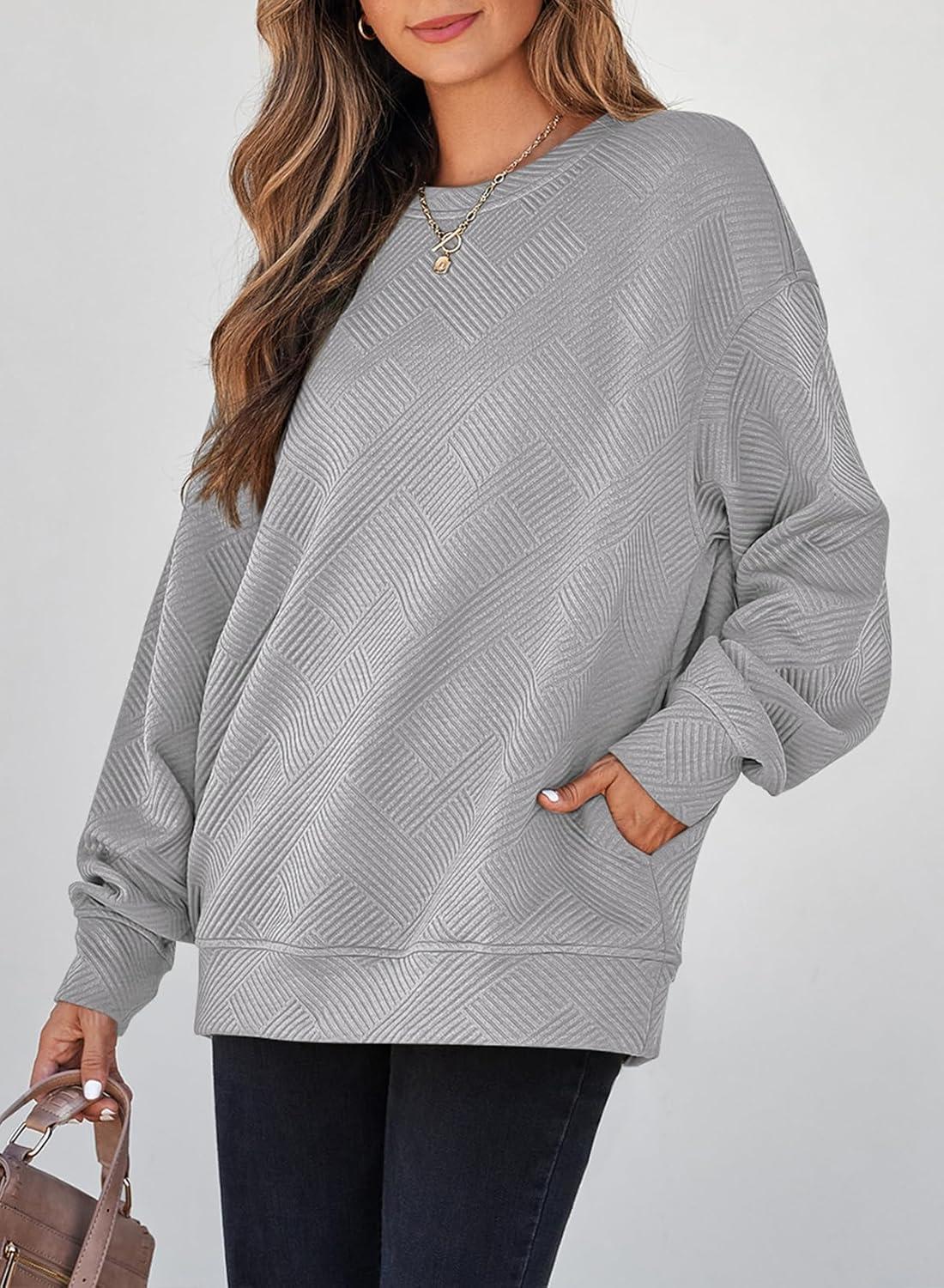 imageSHEWIN Womens Fall Fashion 2025 Long Sleeve Shirts Crewneck Loose Textured Tunic Tops Solid Pullover Sweatshirt With PocketsGray