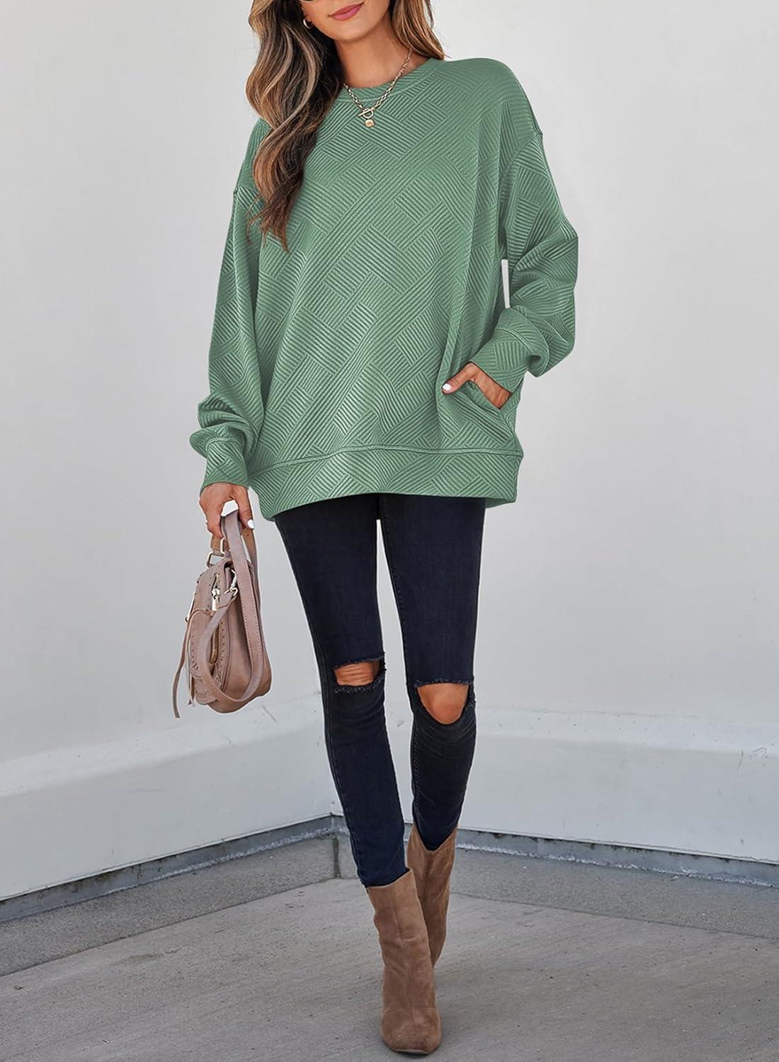 imageSHEWIN Womens Fall Fashion 2025 Long Sleeve Shirts Crewneck Loose Textured Tunic Tops Solid Pullover Sweatshirt With PocketsGreen Bay
