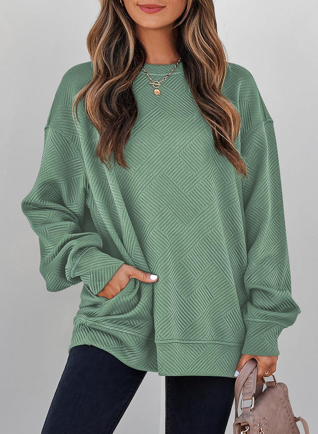 imageSHEWIN Womens Fall Fashion 2025 Long Sleeve Shirts Crewneck Loose Textured Tunic Tops Solid Pullover Sweatshirt With PocketsGreen Bay