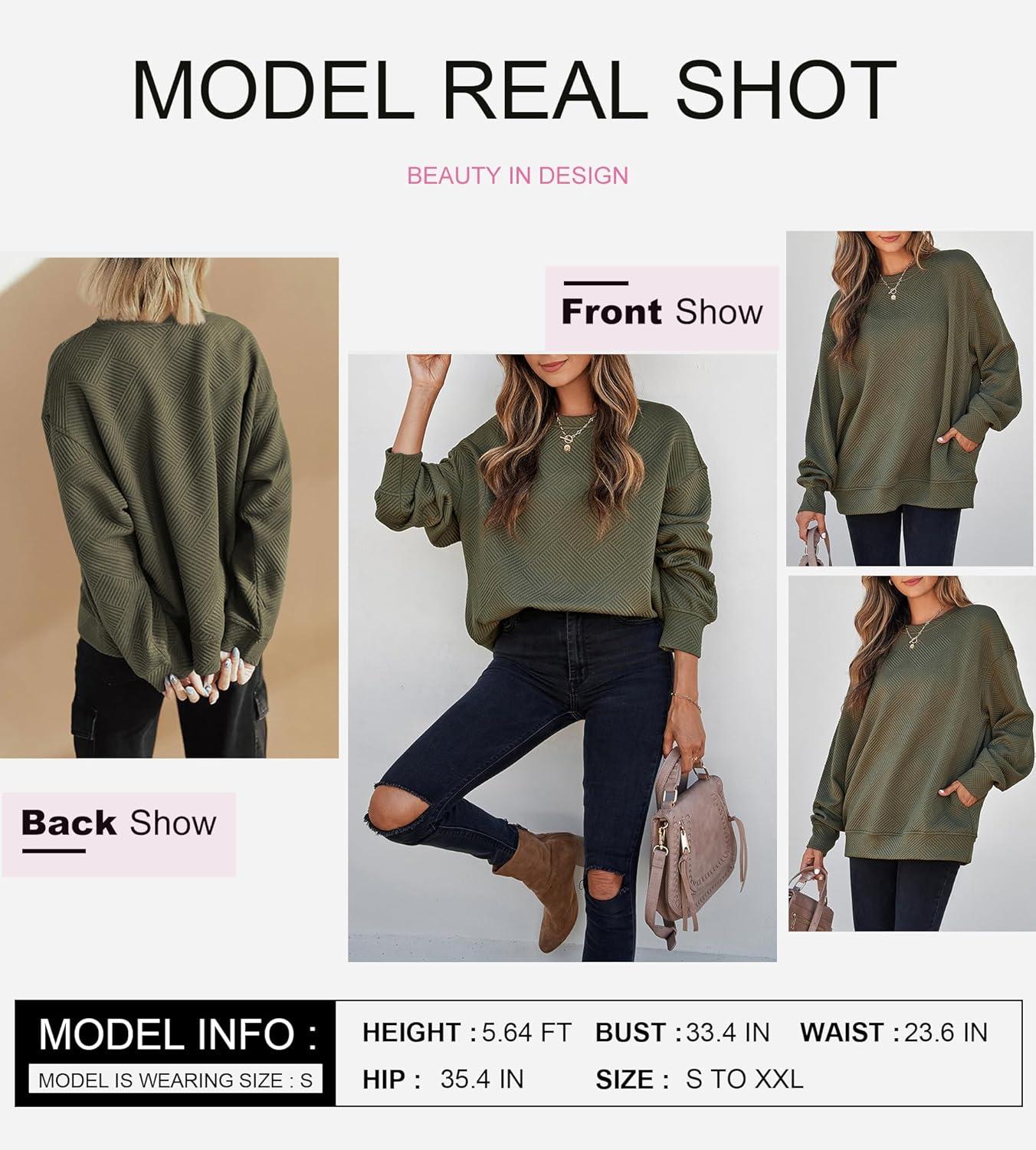 imageSHEWIN Womens Fall Fashion 2025 Long Sleeve Shirts Crewneck Loose Textured Tunic Tops Solid Pullover Sweatshirt With PocketsJungle Green