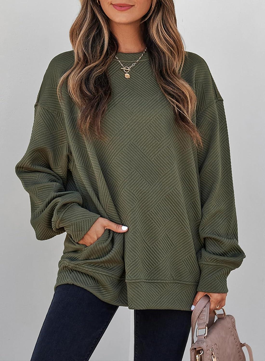 imageSHEWIN Womens Fall Fashion 2025 Long Sleeve Shirts Crewneck Loose Textured Tunic Tops Solid Pullover Sweatshirt With PocketsJungle Green