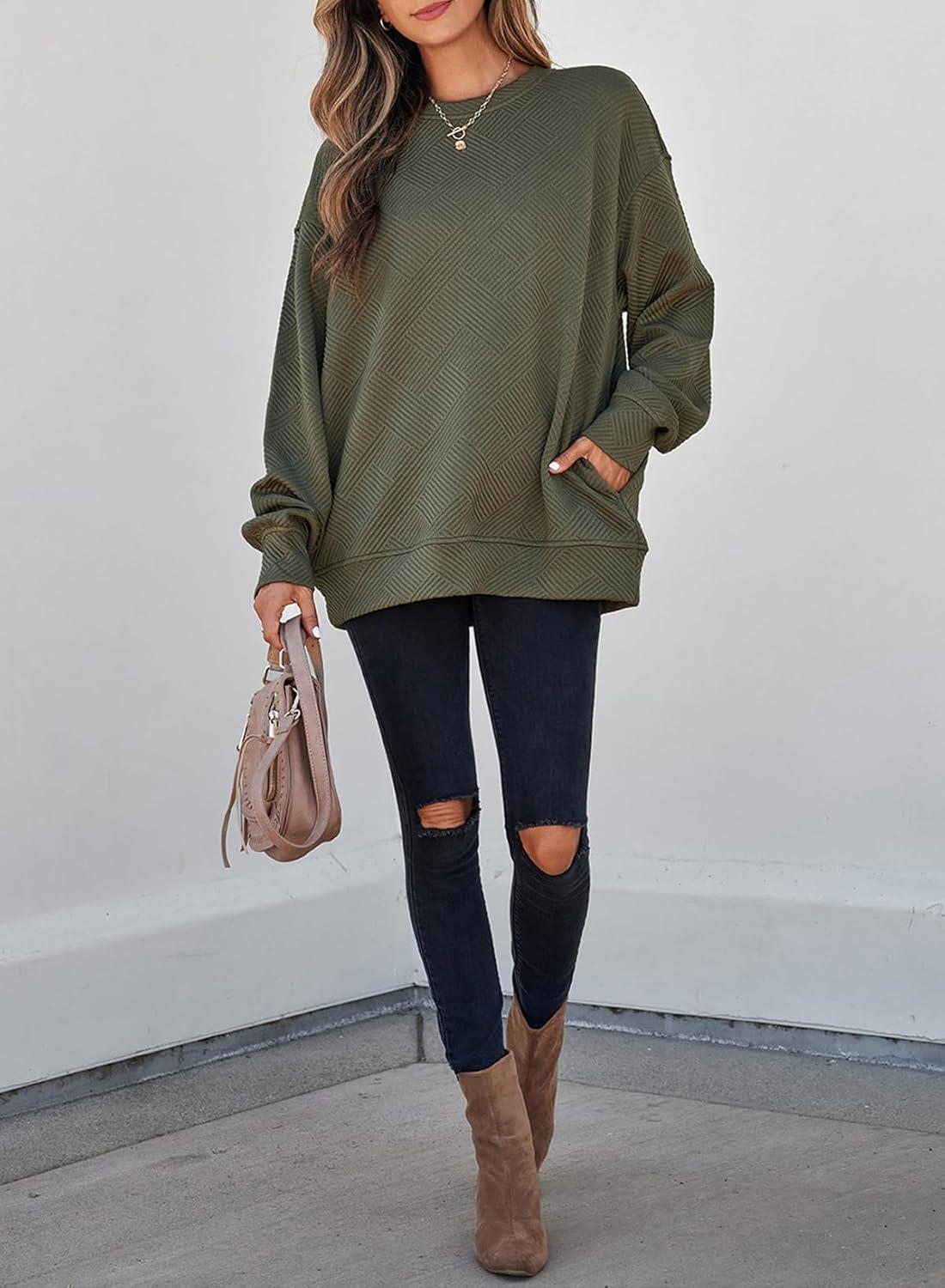 imageSHEWIN Womens Fall Fashion 2025 Long Sleeve Shirts Crewneck Loose Textured Tunic Tops Solid Pullover Sweatshirt With PocketsJungle Green