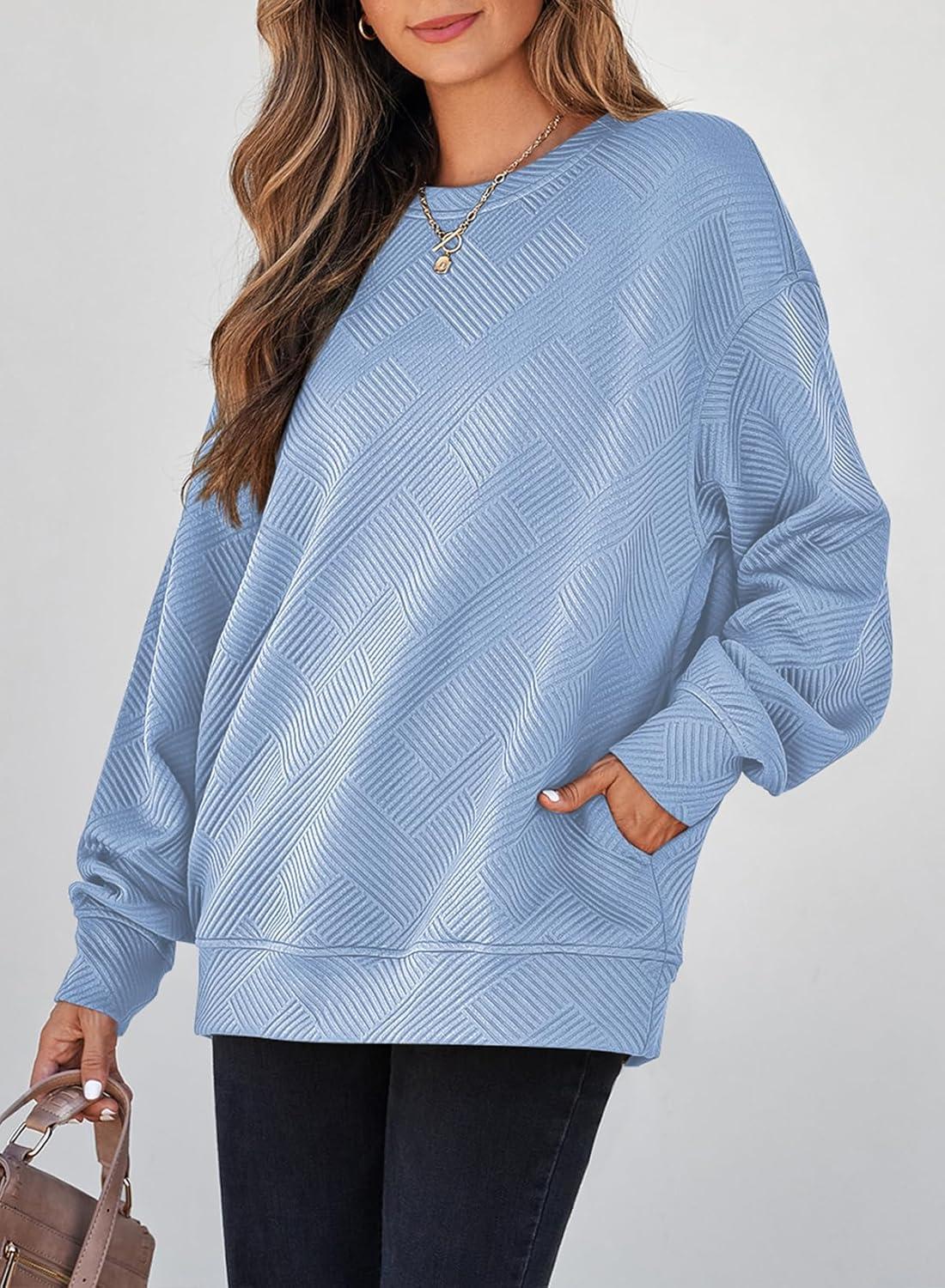 imageSHEWIN Womens Fall Fashion 2025 Long Sleeve Shirts Crewneck Loose Textured Tunic Tops Solid Pullover Sweatshirt With PocketsMyosotis