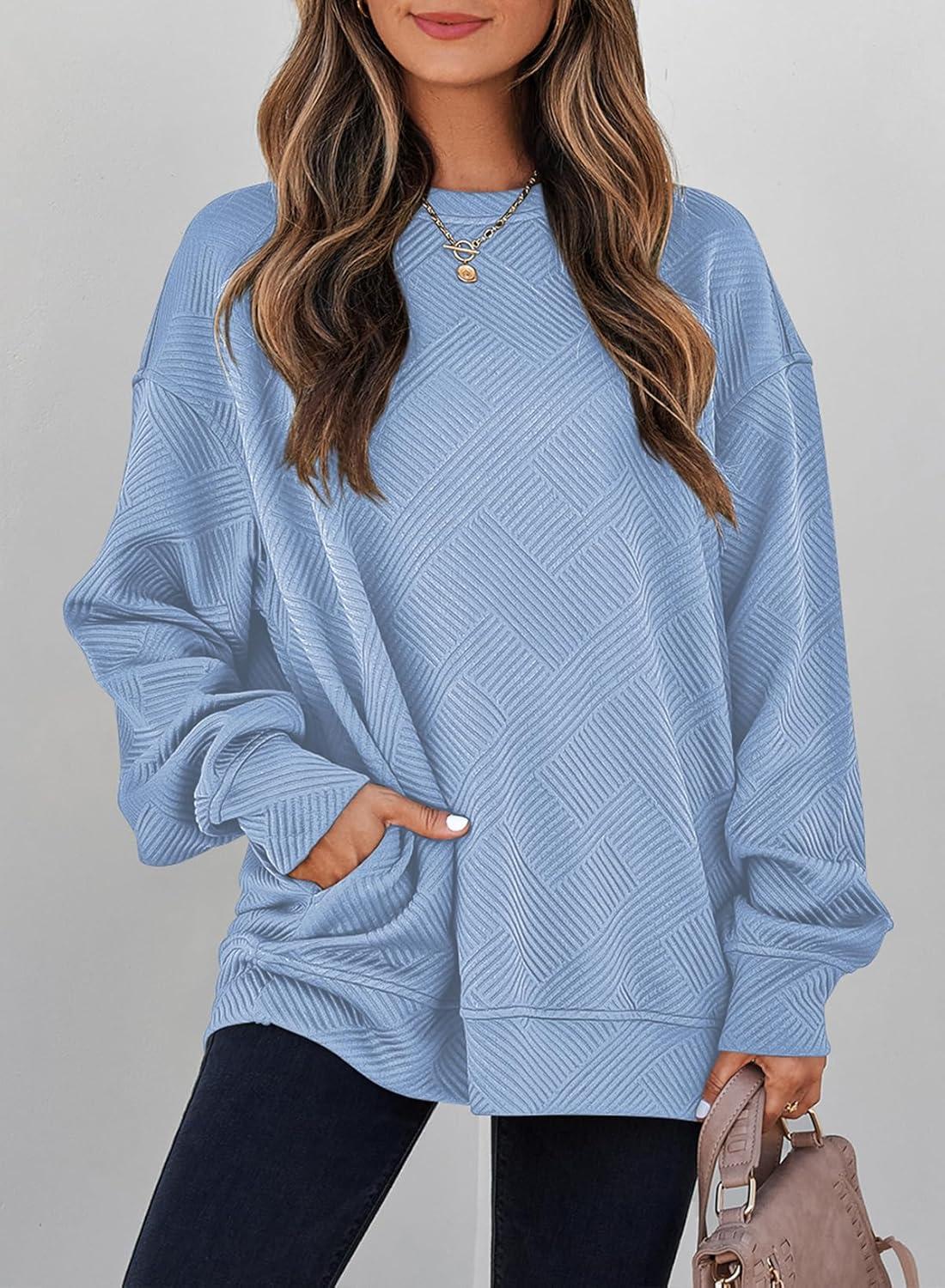 imageSHEWIN Womens Fall Fashion 2025 Long Sleeve Shirts Crewneck Loose Textured Tunic Tops Solid Pullover Sweatshirt With PocketsMyosotis