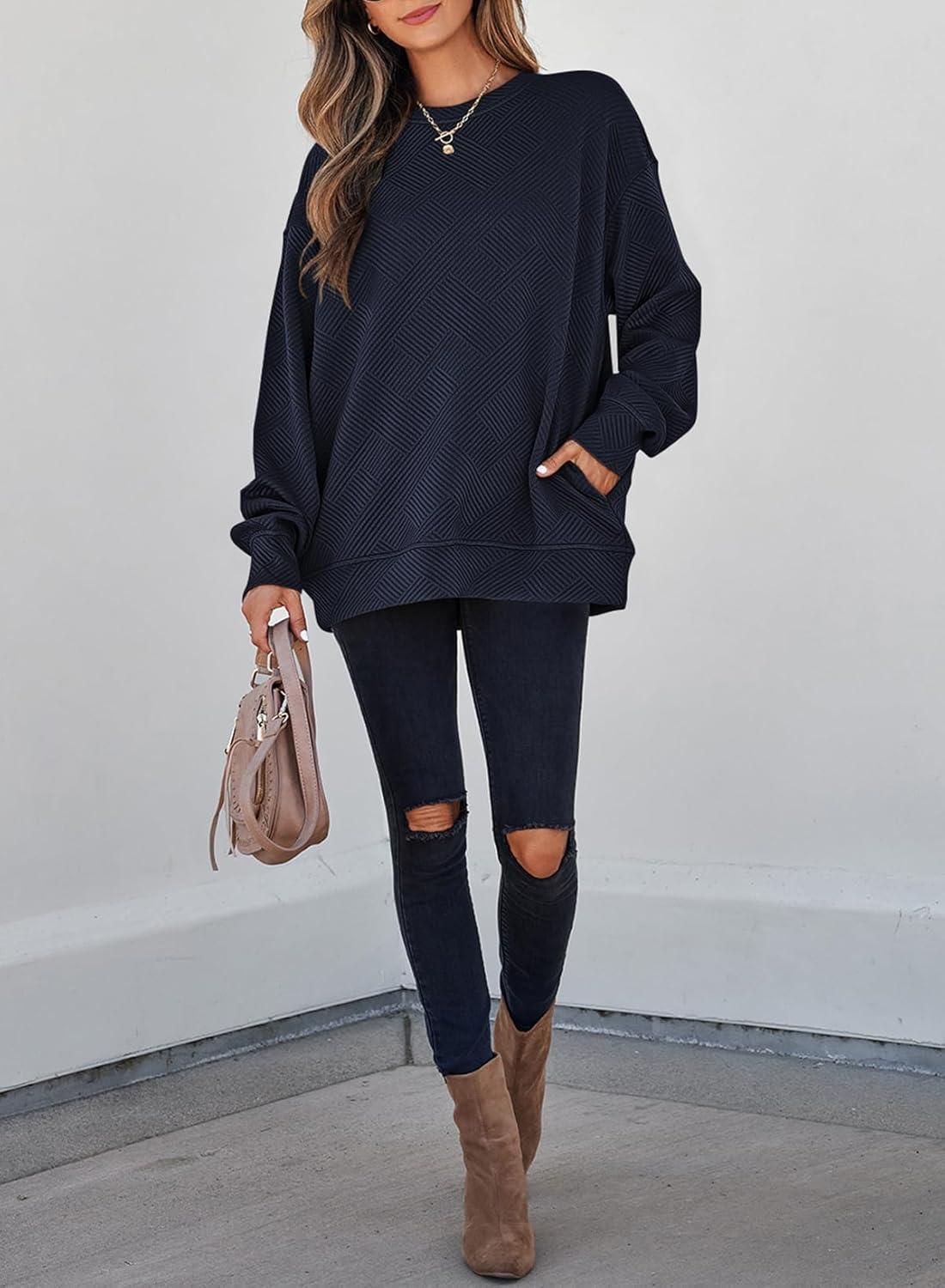 imageSHEWIN Womens Fall Fashion 2025 Long Sleeve Shirts Crewneck Loose Textured Tunic Tops Solid Pullover Sweatshirt With PocketsNavy Blue
