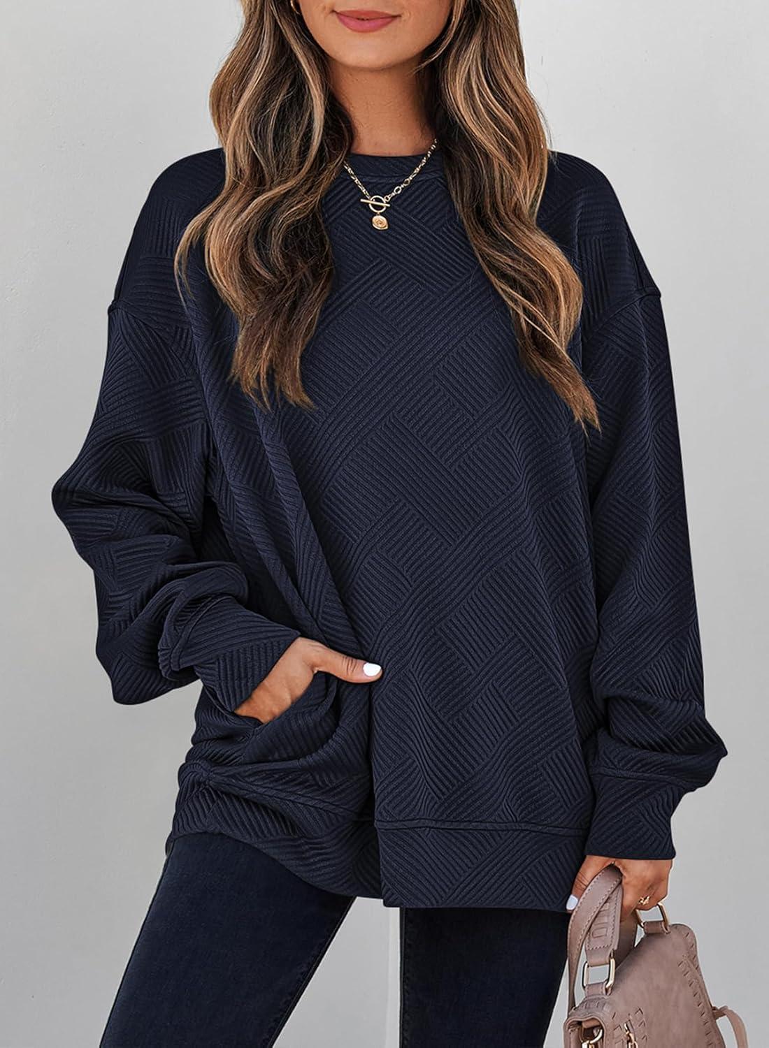 imageSHEWIN Womens Fall Fashion 2025 Long Sleeve Shirts Crewneck Loose Textured Tunic Tops Solid Pullover Sweatshirt With PocketsNavy Blue