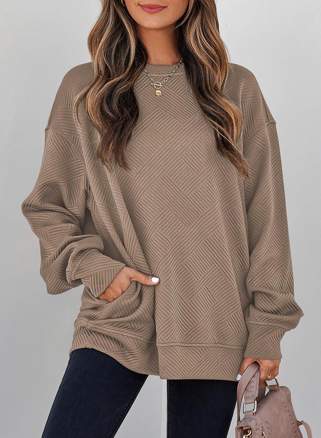 imageSHEWIN Womens Fall Fashion 2025 Long Sleeve Shirts Crewneck Loose Textured Tunic Tops Solid Pullover Sweatshirt With PocketsParchment