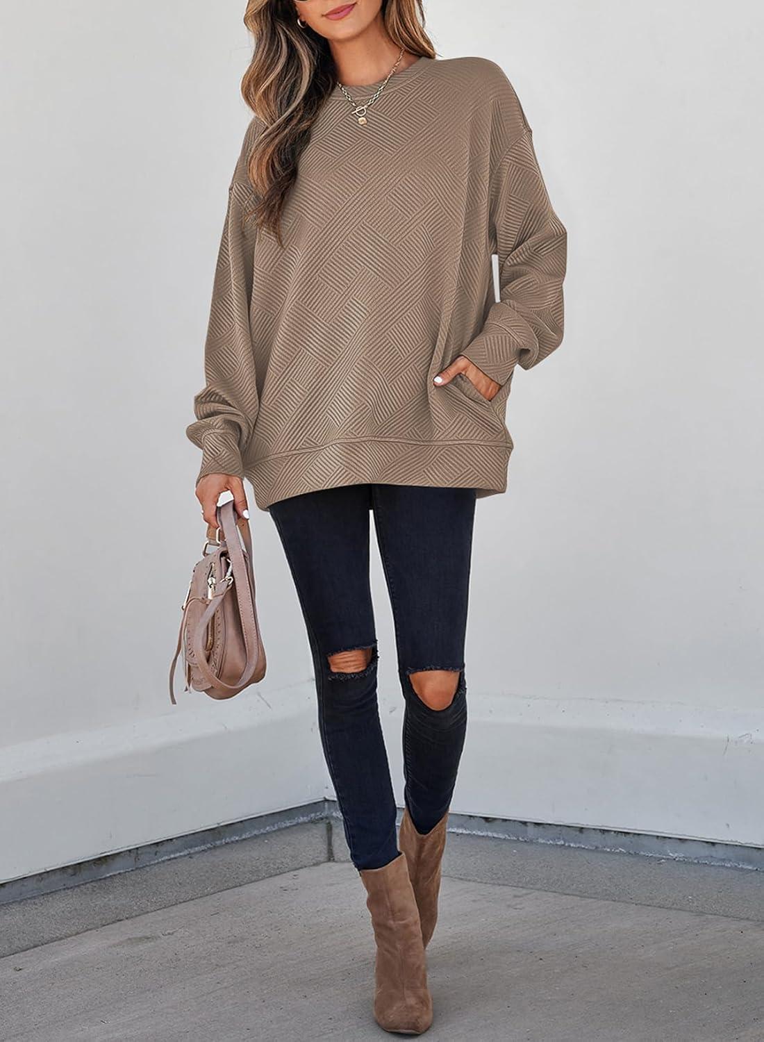 imageSHEWIN Womens Fall Fashion 2025 Long Sleeve Shirts Crewneck Loose Textured Tunic Tops Solid Pullover Sweatshirt With PocketsParchment