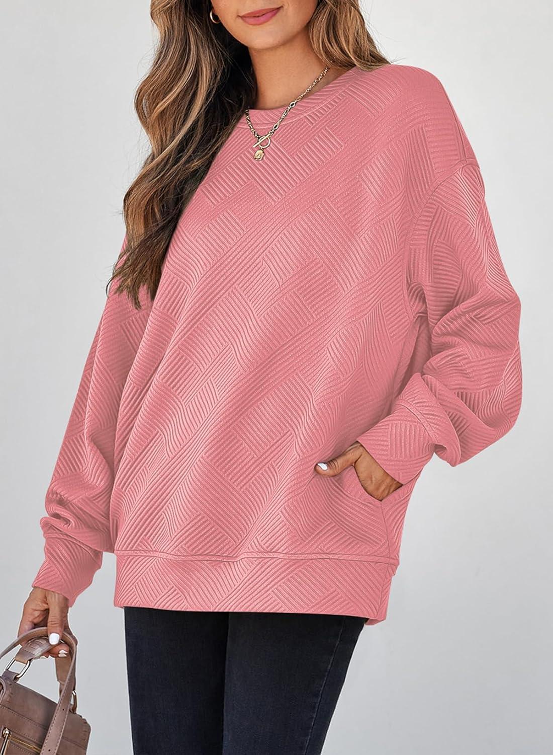 imageSHEWIN Womens Fall Fashion 2025 Long Sleeve Shirts Crewneck Loose Textured Tunic Tops Solid Pullover Sweatshirt With PocketsPeach Blossom