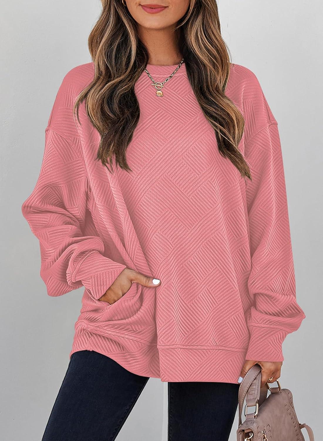 imageSHEWIN Womens Fall Fashion 2025 Long Sleeve Shirts Crewneck Loose Textured Tunic Tops Solid Pullover Sweatshirt With PocketsPeach Blossom