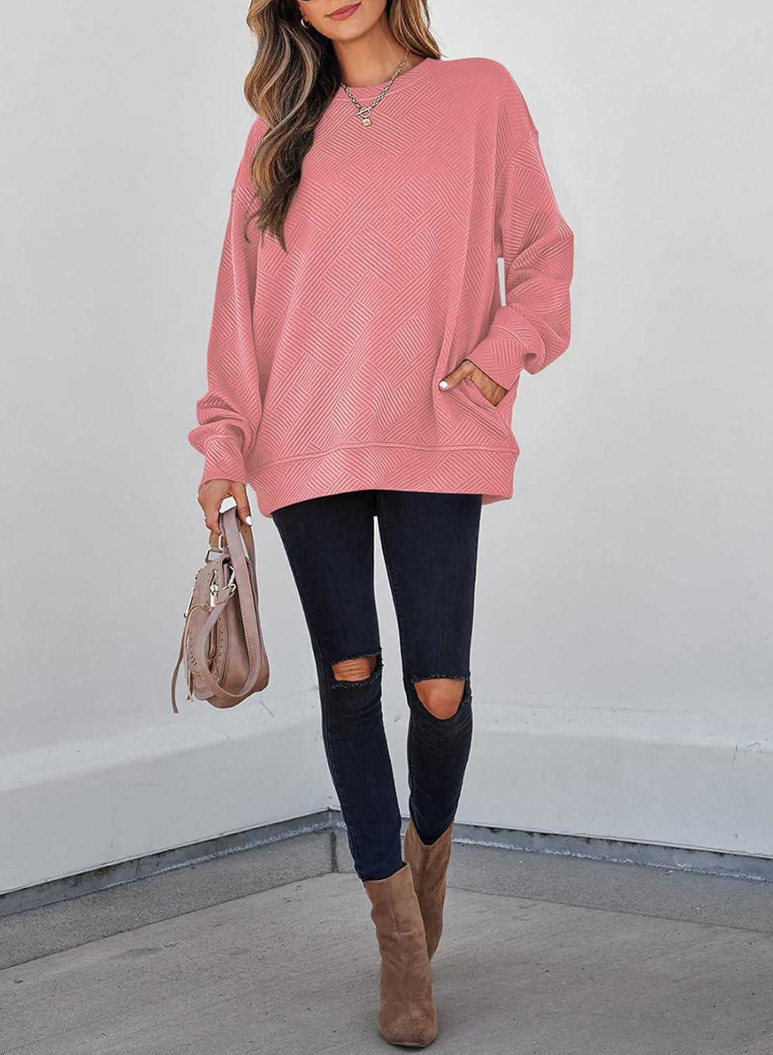 imageSHEWIN Womens Fall Fashion 2025 Long Sleeve Shirts Crewneck Loose Textured Tunic Tops Solid Pullover Sweatshirt With PocketsPeach Blossom