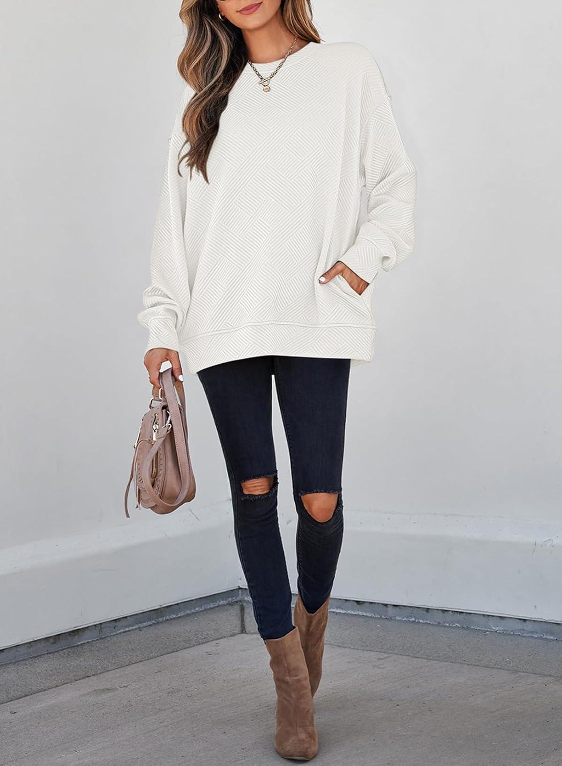 imageSHEWIN Womens Fall Fashion 2025 Long Sleeve Shirts Crewneck Loose Textured Tunic Tops Solid Pullover Sweatshirt With PocketsWhite