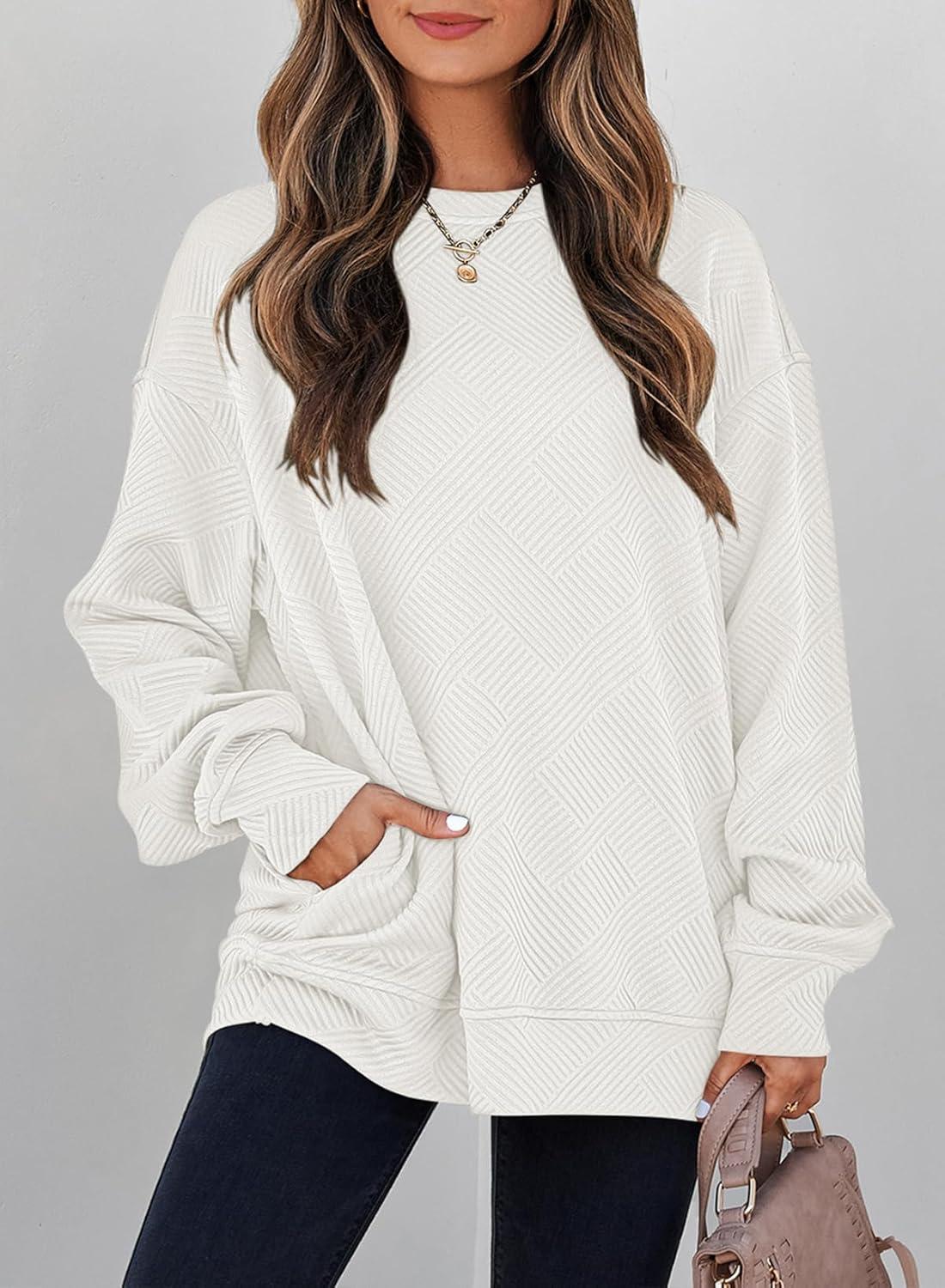 imageSHEWIN Womens Fall Fashion 2025 Long Sleeve Shirts Crewneck Loose Textured Tunic Tops Solid Pullover Sweatshirt With PocketsWhite