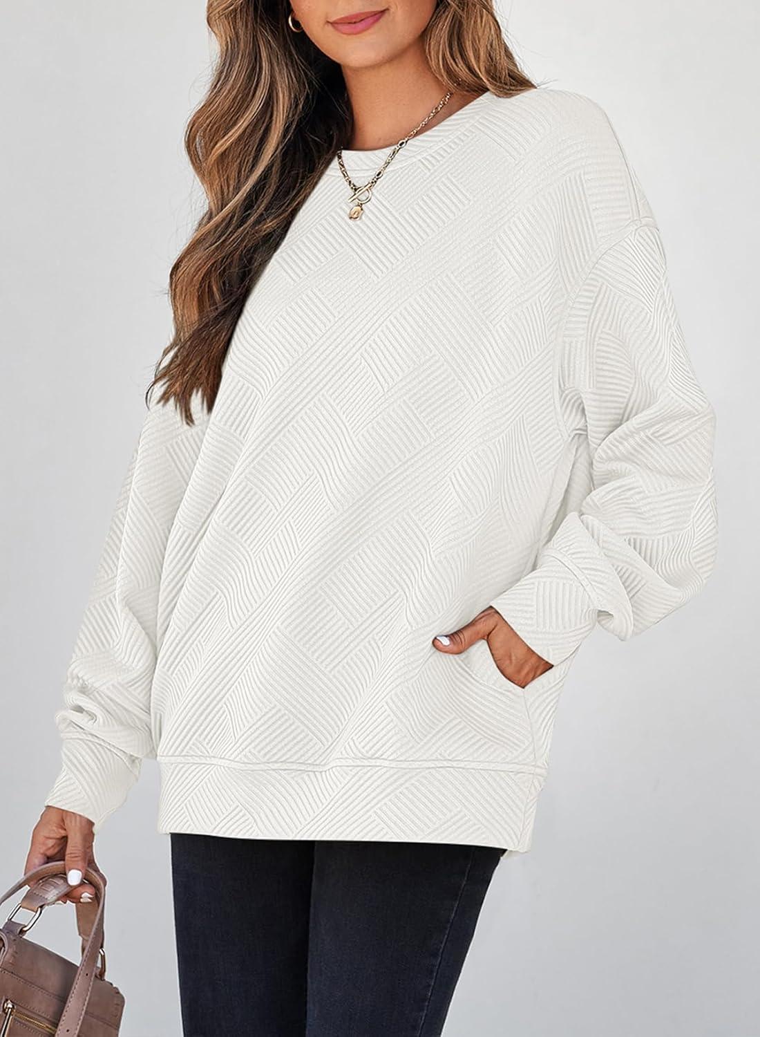 imageSHEWIN Womens Fall Fashion 2025 Long Sleeve Shirts Crewneck Loose Textured Tunic Tops Solid Pullover Sweatshirt With PocketsWhite