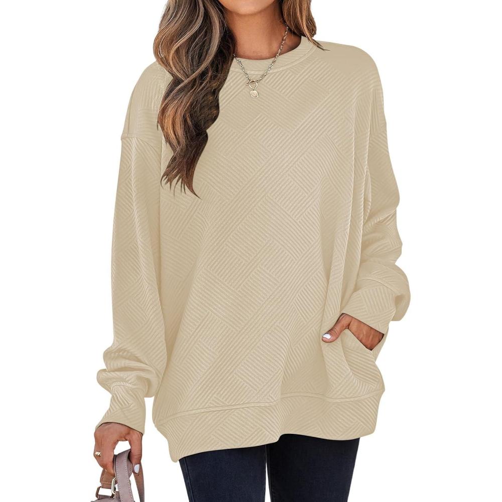imageSHEWIN Womens Fall Fashion 2025 Long Sleeve Shirts Crewneck Loose Textured Tunic Tops Solid Pullover Sweatshirt With PocketsApricot