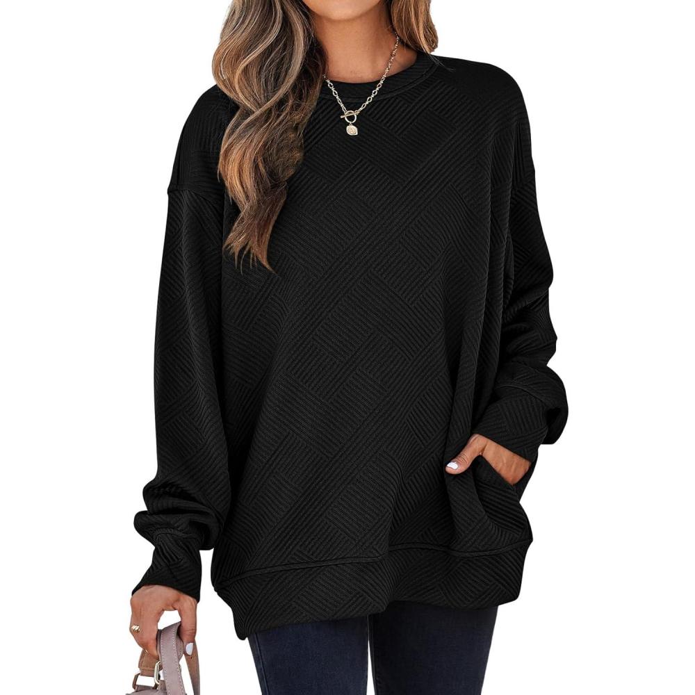 imageSHEWIN Womens Fall Fashion 2025 Long Sleeve Shirts Crewneck Loose Textured Tunic Tops Solid Pullover Sweatshirt With PocketsBlack