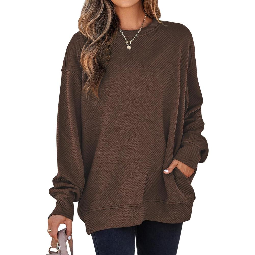 imageSHEWIN Womens Fall Fashion 2025 Long Sleeve Shirts Crewneck Loose Textured Tunic Tops Solid Pullover Sweatshirt With PocketsCoffee