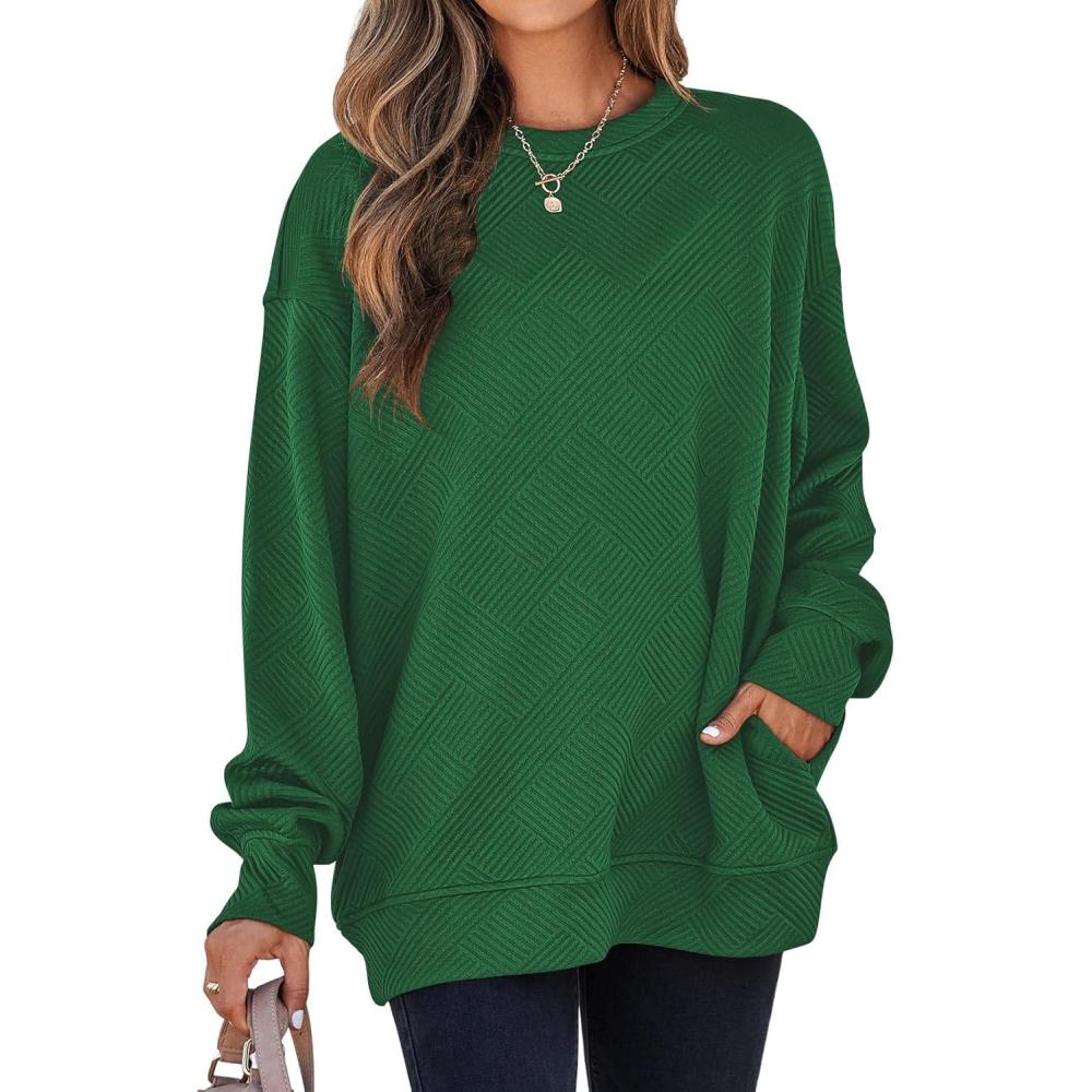 imageSHEWIN Womens Fall Fashion 2025 Long Sleeve Shirts Crewneck Loose Textured Tunic Tops Solid Pullover Sweatshirt With PocketsDark Green