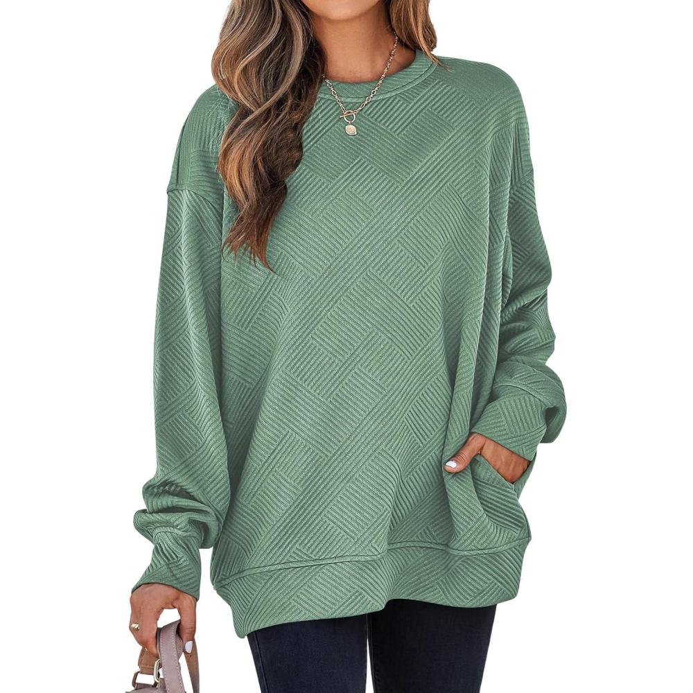 imageSHEWIN Womens Fall Fashion 2025 Long Sleeve Shirts Crewneck Loose Textured Tunic Tops Solid Pullover Sweatshirt With PocketsGreen Bay