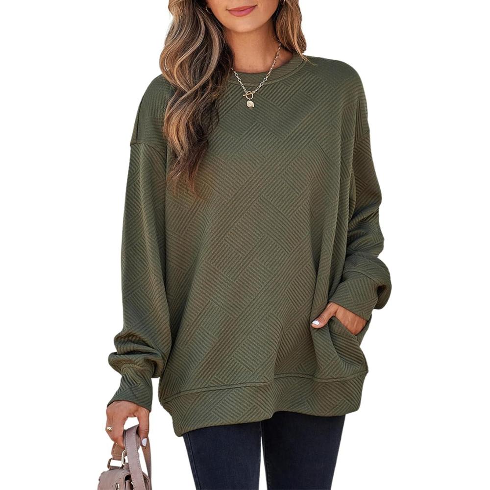 imageSHEWIN Womens Fall Fashion 2025 Long Sleeve Shirts Crewneck Loose Textured Tunic Tops Solid Pullover Sweatshirt With PocketsJungle Green