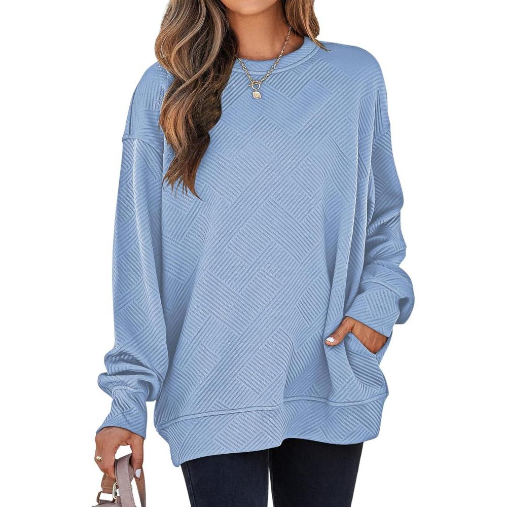 imageSHEWIN Womens Fall Fashion 2025 Long Sleeve Shirts Crewneck Loose Textured Tunic Tops Solid Pullover Sweatshirt With PocketsMyosotis