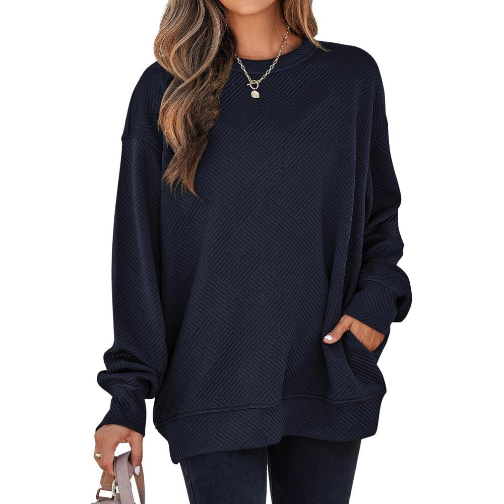 imageSHEWIN Womens Fall Fashion 2025 Long Sleeve Shirts Crewneck Loose Textured Tunic Tops Solid Pullover Sweatshirt With PocketsNavy Blue
