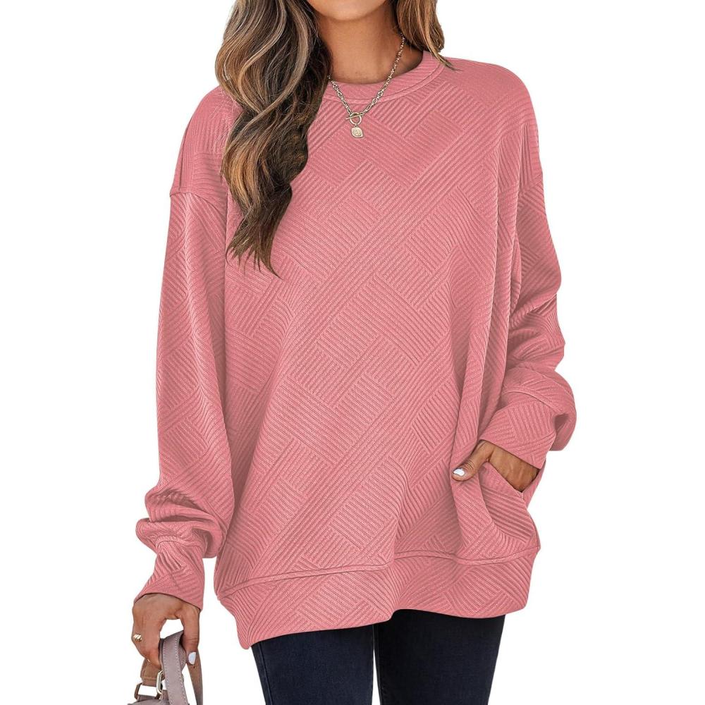 imageSHEWIN Womens Fall Fashion 2025 Long Sleeve Shirts Crewneck Loose Textured Tunic Tops Solid Pullover Sweatshirt With PocketsPeach Blossom