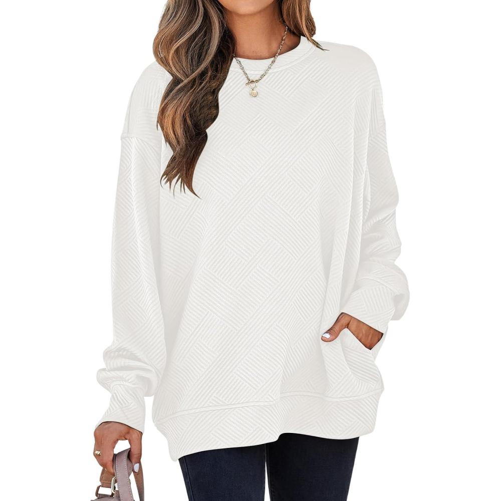 imageSHEWIN Womens Fall Fashion 2025 Long Sleeve Shirts Crewneck Loose Textured Tunic Tops Solid Pullover Sweatshirt With PocketsWhite