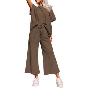 imageSHEWIN Womens 2 Piece Outfits Sweatsuit Casual Short Sleeve Pullover Tops and Drawstring Wide Leg Pants Lounge SetsBrown