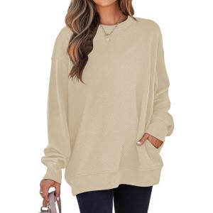 imageSHEWIN Womens Fall Fashion 2025 Long Sleeve Shirts Crewneck Loose Textured Tunic Tops Solid Pullover Sweatshirt With PocketsApricot