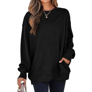 imageSHEWIN Womens Fall Fashion 2025 Long Sleeve Shirts Crewneck Loose Textured Tunic Tops Solid Pullover Sweatshirt With PocketsBlack